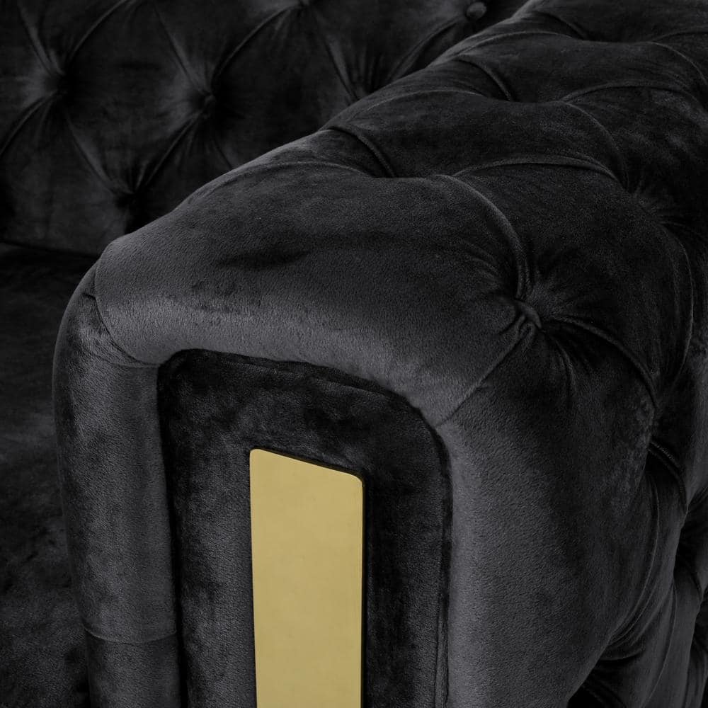 Elegant Modern Glam Black Velvet Tufted 3-Seater Sofa with Gold Accents