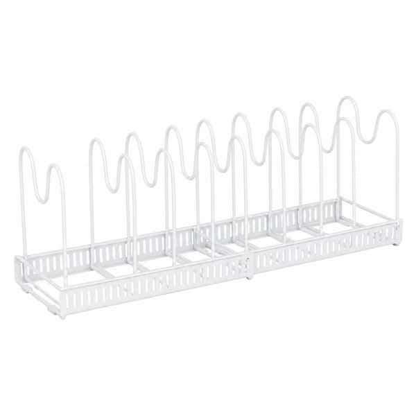 White Adjustable Standing Pot Rack with 13 Dividers, Cutting Board Holder, Expandable Pots and Pans Organizer Rack