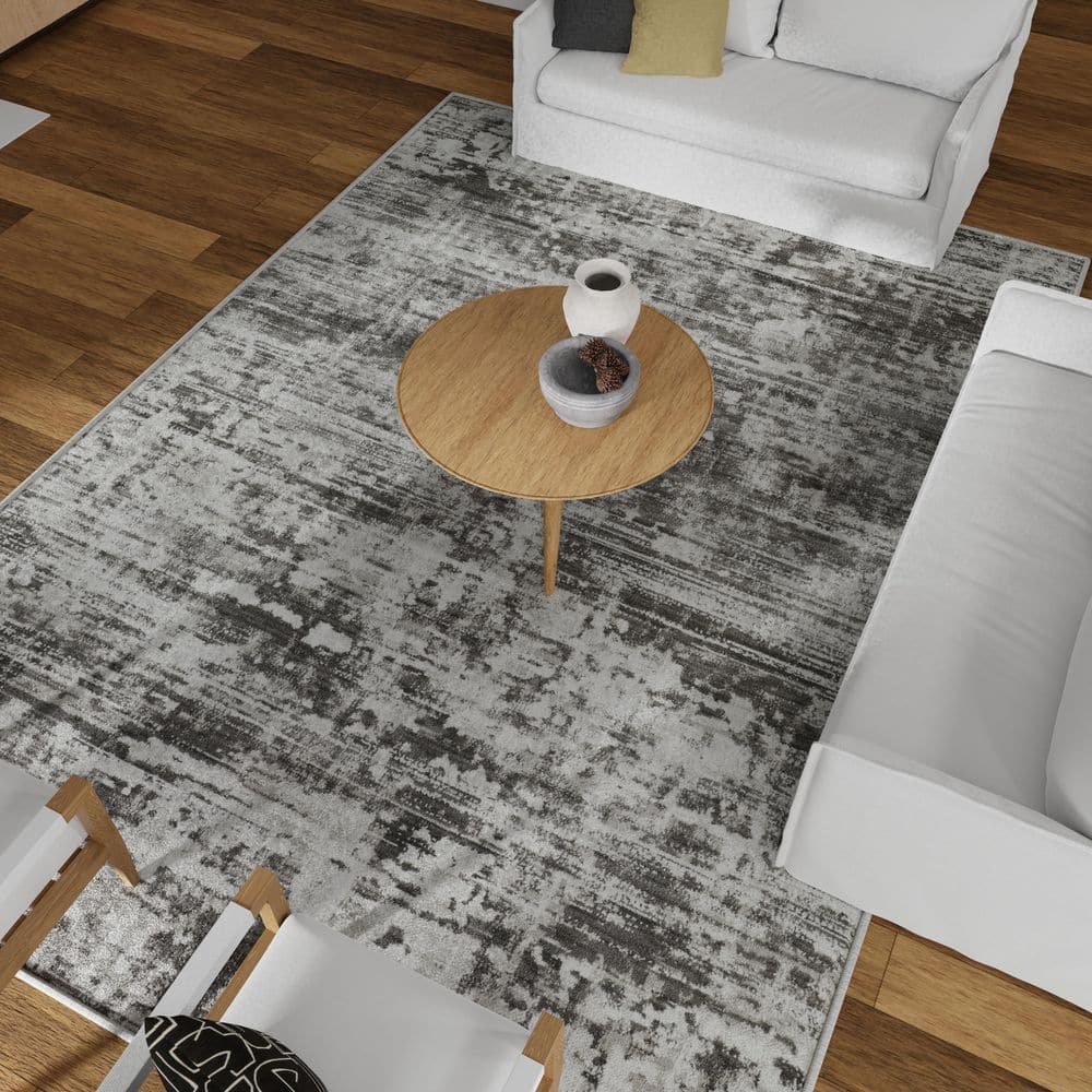 Gray Abstract 9' x 12' Stain-Resistant Synthetic Area Rug