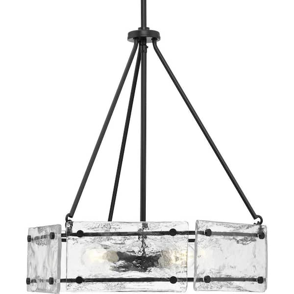Progress Lighting Rivera 20.5 in. 4-Light Matte Black Luxe Industrial Chandelier with Textured Glass