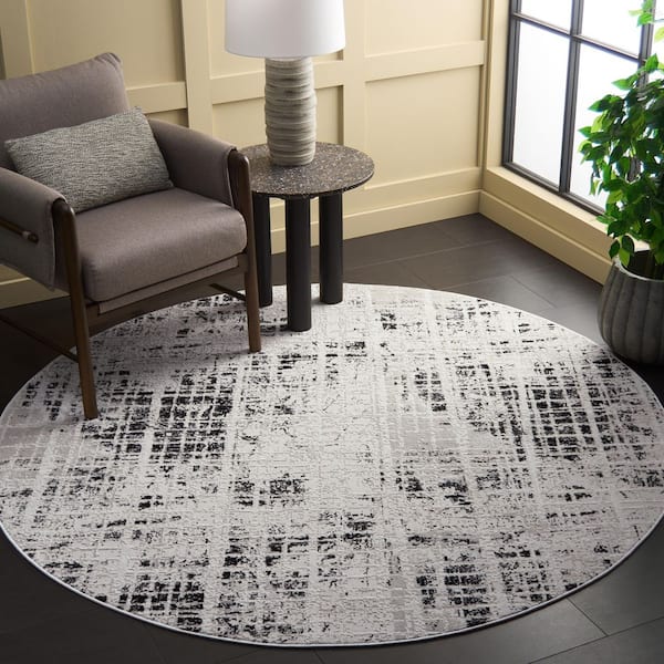Mila 7 ft. x 7 ft. Round Black/Ivory Distressed Lattice Area Rug