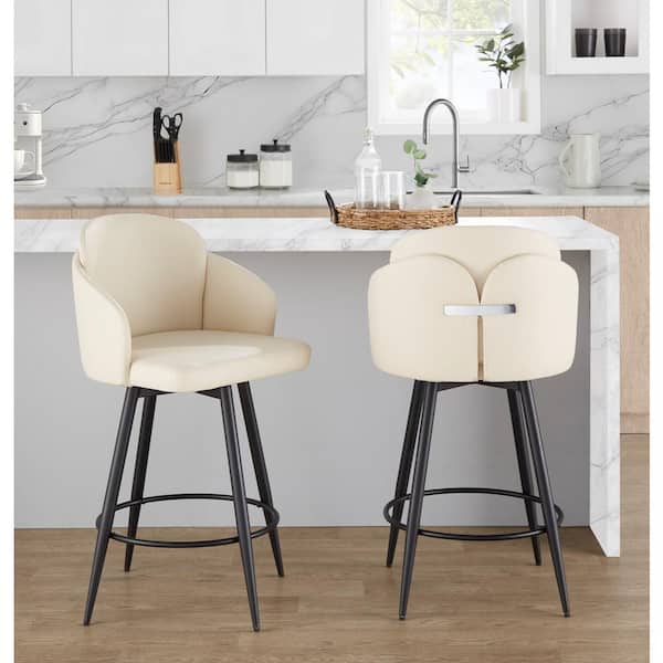 Lumisource Dahlia 25 in. Cream Faux Leather and Matte Black Metal Fixed-Height Counter Stool (Set of 2)