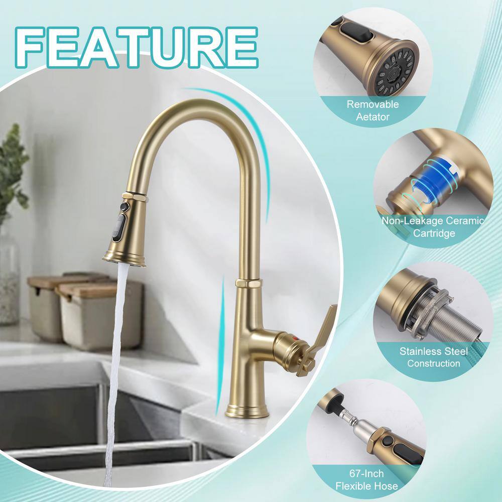 Brushed Gold Stainless Steel Single Handle Pull Down Kitchen Faucet