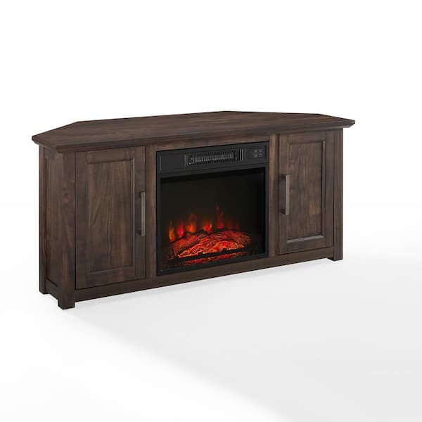 CROSLEY FURNITURE Camden Dark Walnut 48 in. Corner TV Stand with Fireplace Fits 50 in. TV with Cable Management