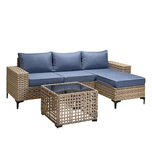 Sunny 5-Piece Wicker Wide Arm Outdoor Furniture Patio Conversation Sofa Seating Set with a Table and Denim Blue Cushions