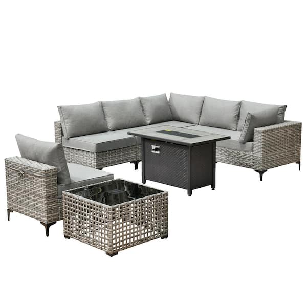 Howell 8-Piece Wicker Outdoor Patio Conversation Sofa Furniture Set with a Metal Fire Pit and Dark Grey Cushions