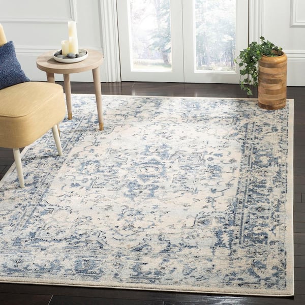 Charleston Ivory/Navy 5 ft. x 8 ft. Distressed Border Area Rug