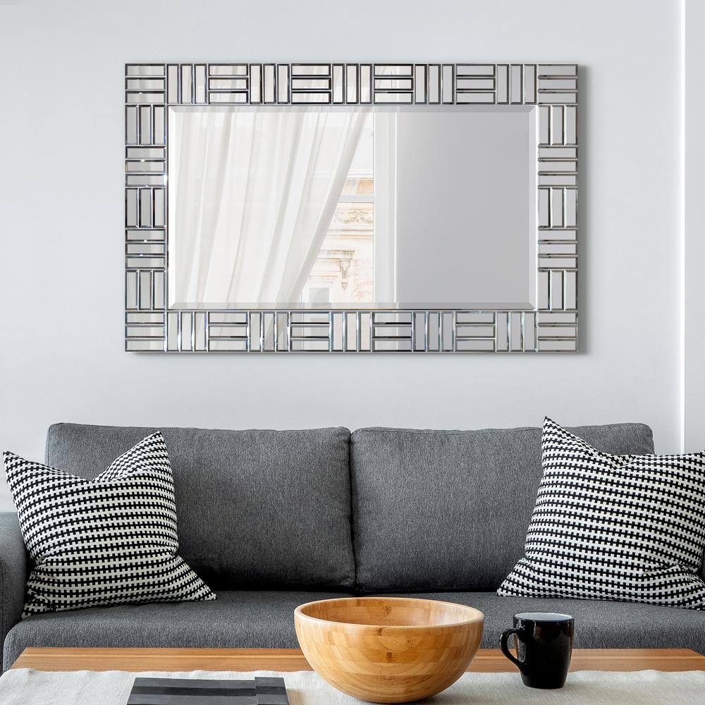 Chrome Subway Tile Rectangular Beveled Wall Mirror with Fir Wood Frame