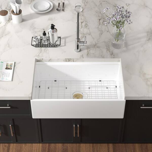 ARIKHA、Kichen-boardEggplant and Lemon LORDEAR 33 in.x 20 in.Ceramic White Single Bowl Farmhouse