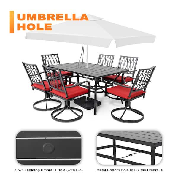 Nuu Garden - Black 7-Piece Metal Rectangle Outdoor Dining Set with Cushion Patio Furniture Set with Swivel Dining Chair
