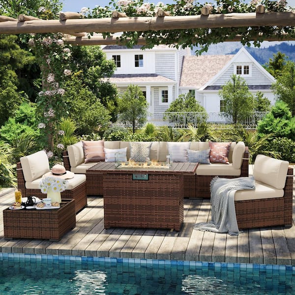 8-Piece Brown Rattan Wicker Outdoor Patio Set with Beige Cushions, Fire Pit Table, and Furniture Cover