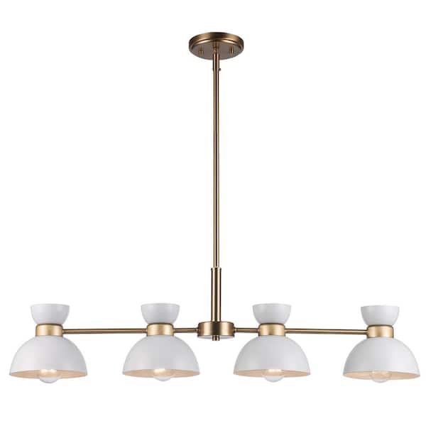 Bel Air Lighting Azaria 4-Light White and Gold Kitchen Linear Chandelier Light Fixture with Metal Dome Shades
