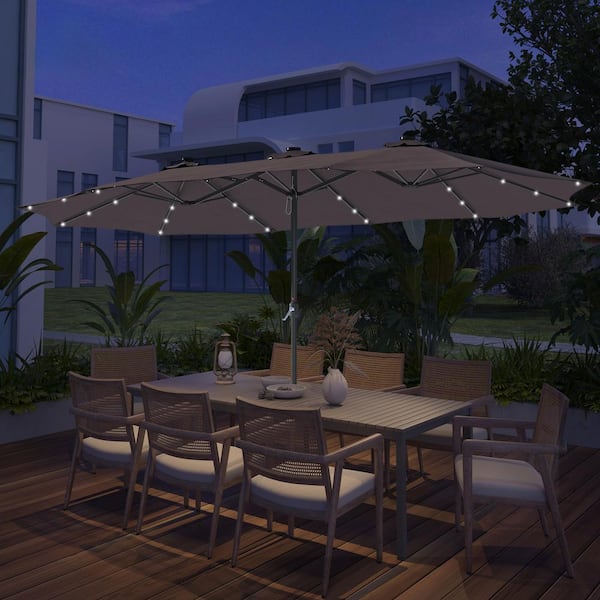 15 ft. Steel Patio Double-Side Market Umbrella with Base and Solar Light with Base in Coffee