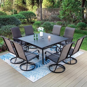 9-Piece Metal Outdoor Dining Set with Square Table and Curved Armrest High-Back Rattan Swivel Chairs