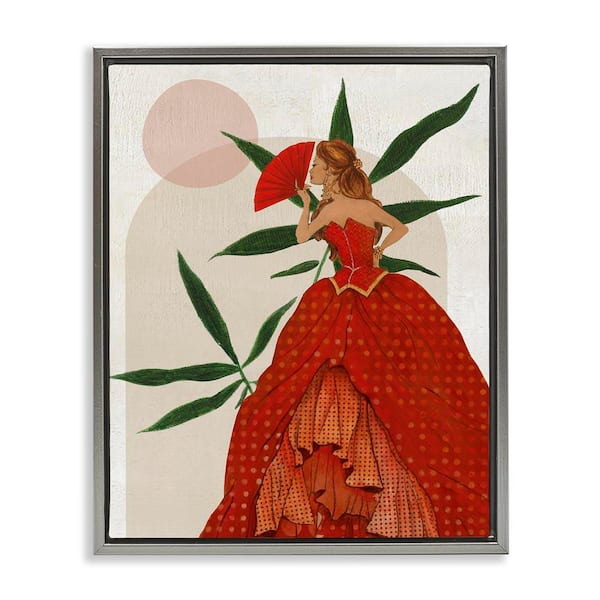 Modern Ball Gown Woman by Janet Tava Gray Floater Frame People Graphic Art Print 31 in. x 25 in.