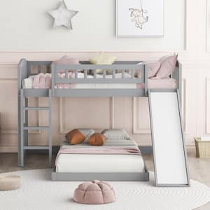 Gray Twin Over Twin Bunk Bed with Slide for Kids, Wooden Low Floor Kids Bunk Bed Frame with Ladder and Slide
