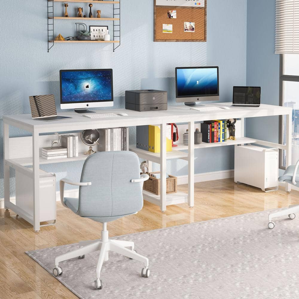 White Double Workstation Desk with Bookshelf and Storage Shelves