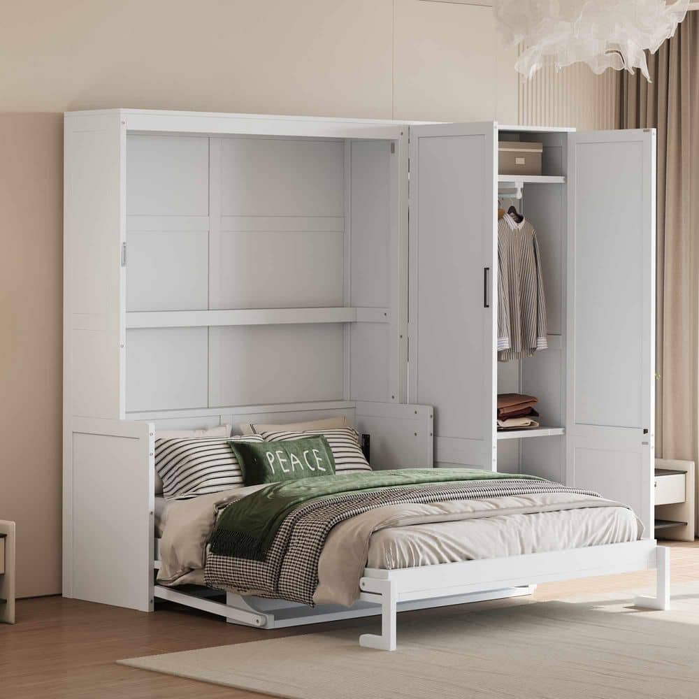 Polibi White Wood Frame Queen Size Murphy Bed with Closet RS519