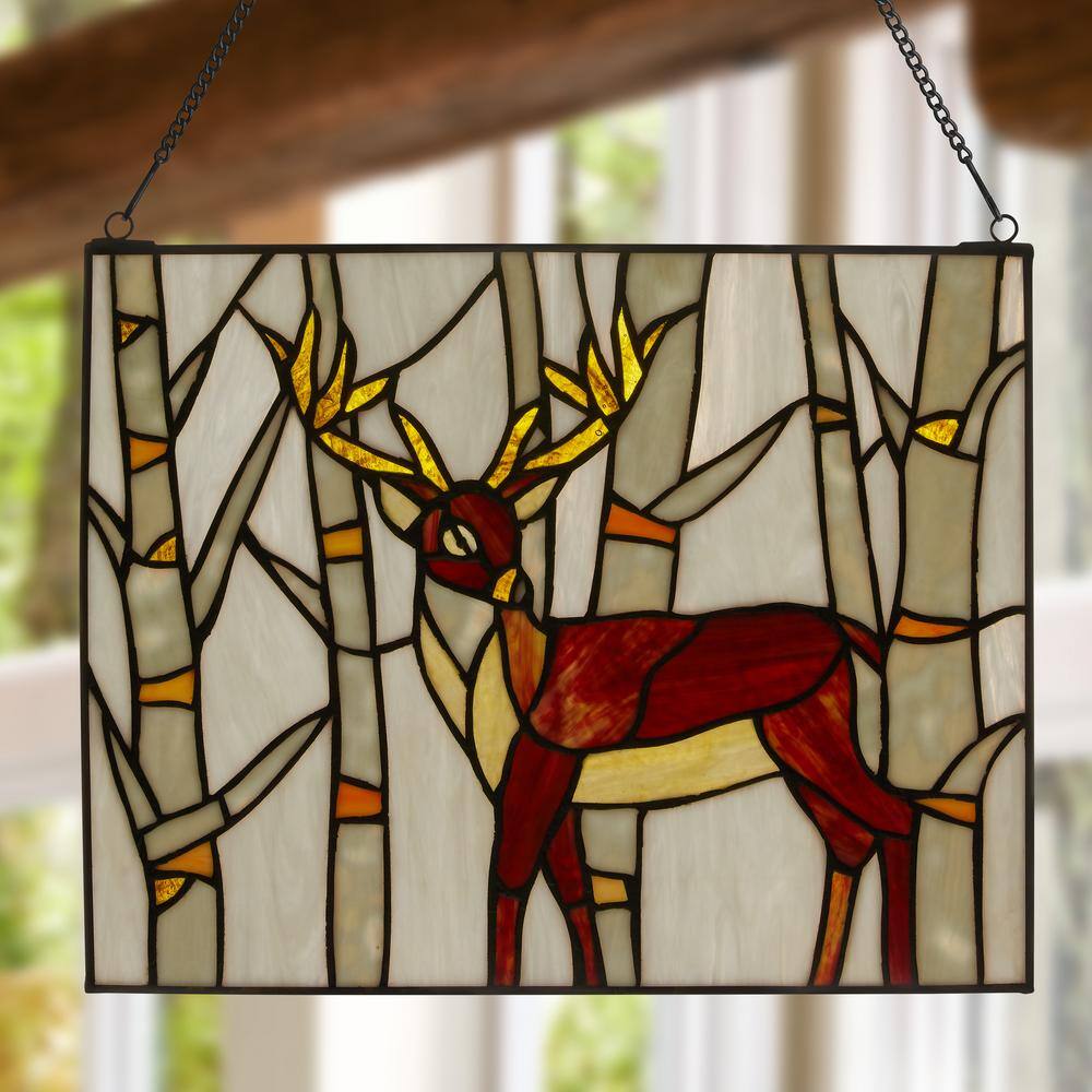 Majestic Deer Brown and Amber Stained Glass Window Panel