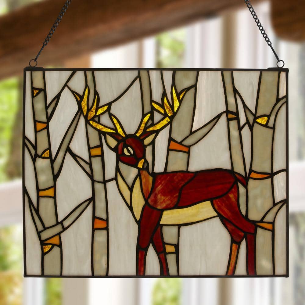 Majestic Deer Brown and Amber Stained Glass Window Panel