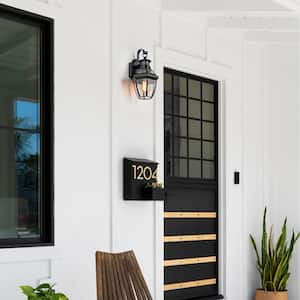 1-Light Black Finish Metal and Brass Motion Sensing Dusk to Dawn Outdoor Wall Lantern Sconce with Tempered Clear Glass