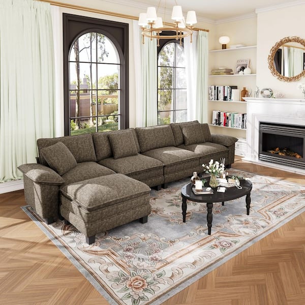 157.5 in. Flared Arm 5-Seat Chenille Modular Sectional Sofa in. Mottled Gray with Throw Pillows and Ottoman