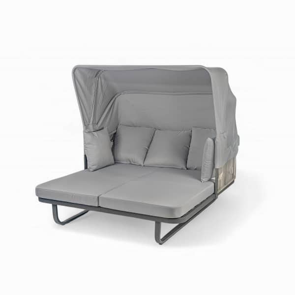 Sudzendf Metal Patio Outdoor Double Day Bed Round Sofa Furniture Set with Gray Cushions and Detachable Pillows