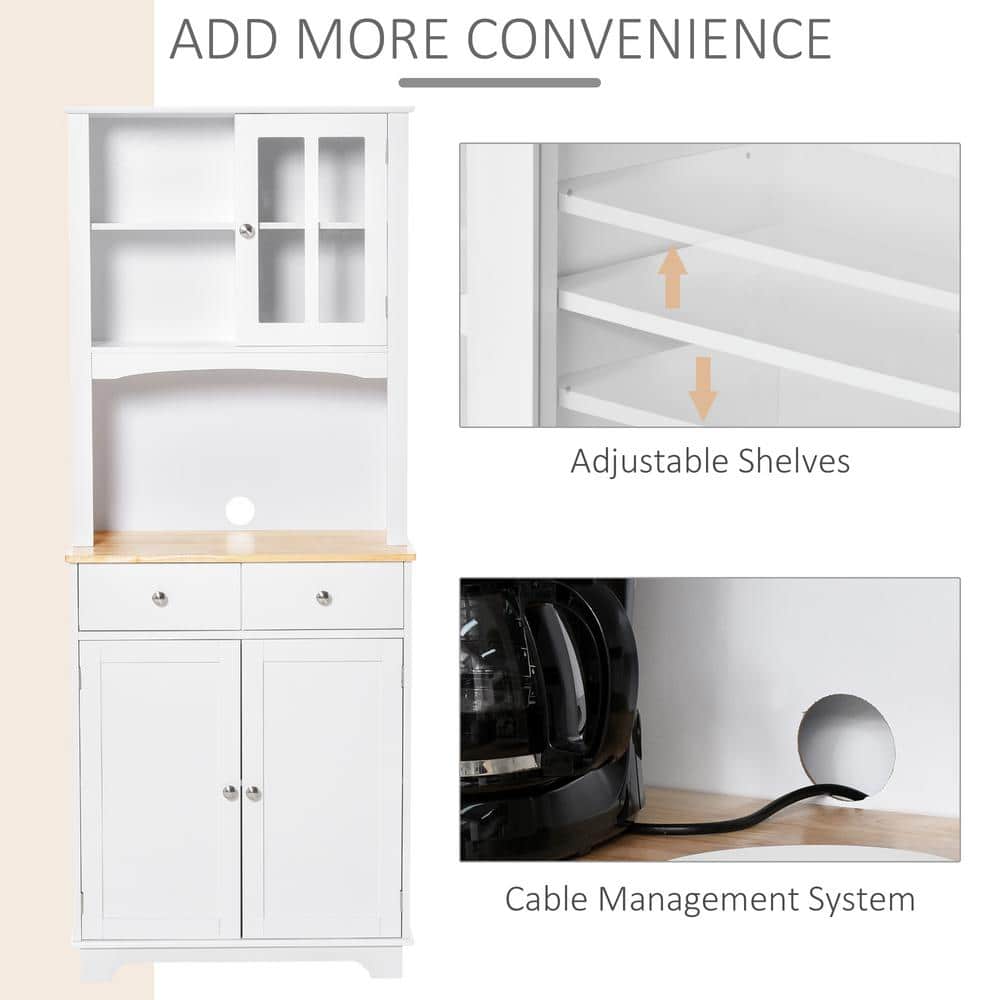 White Recessed Panel Kitchen Buffet with Hutch and Rubberwood Countertop