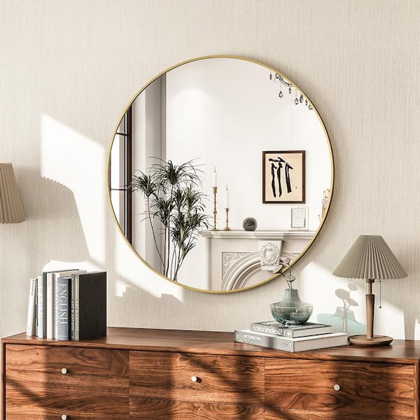 Gold 23.8 in. W x 23.8 in. H Round Modern Bathroom Vanity Wall Mirror Aluminum Alloy Framed Mirror