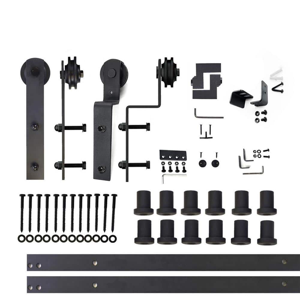 16 ft Black Rustic Single Track Bypass Sliding Barn Door Hardware Kit