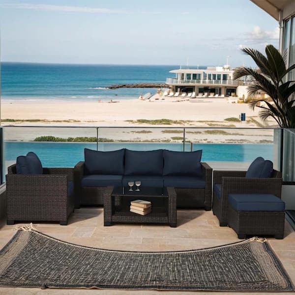 Cesicia 7-Piece Brown Rattan Wicker Outdoor Patio Conversation Sectional Sofa with Dark Blue Cushions