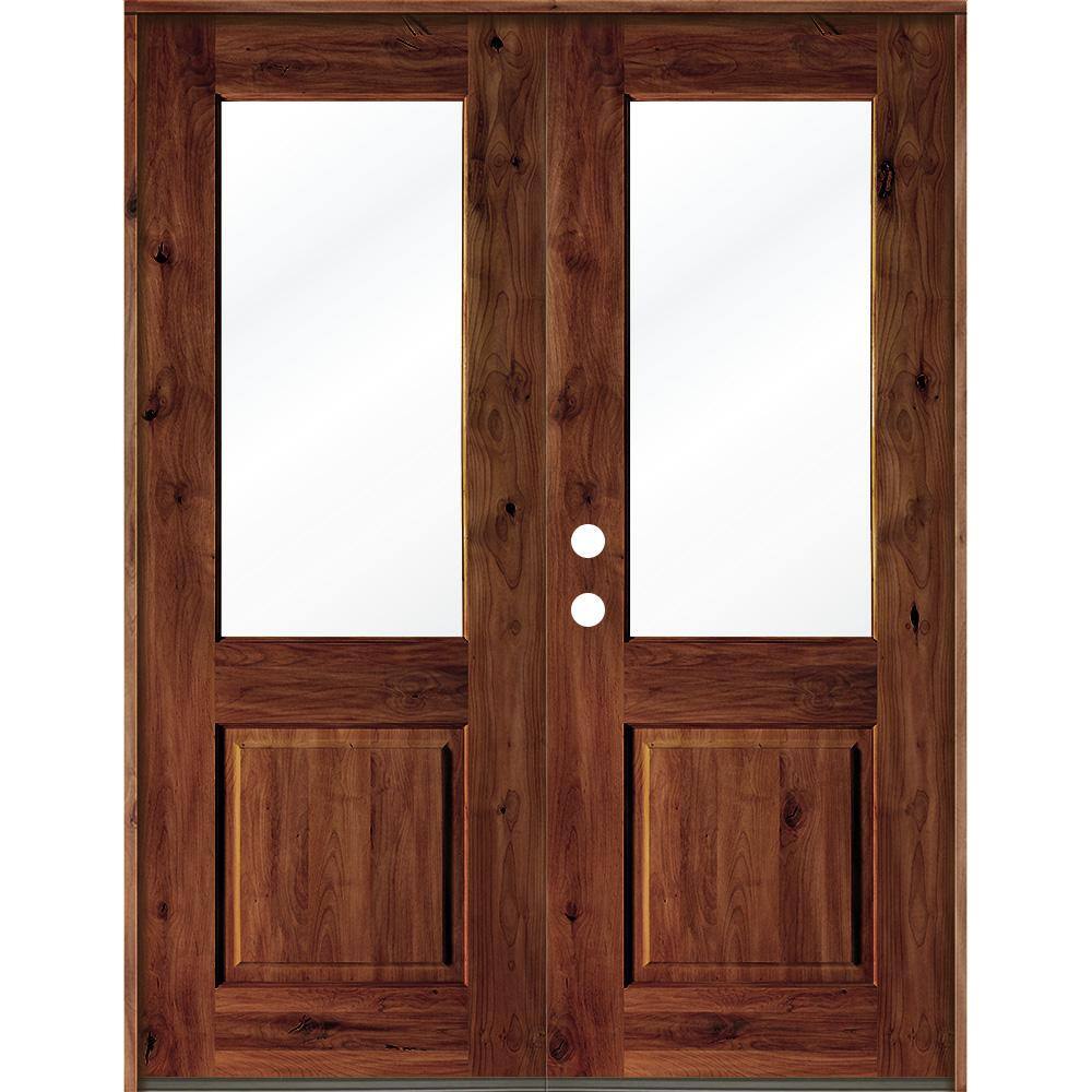 72 in. x 96 in. Rustic Knotty Alder Wood Clear Half-Lite Red Chestnut Stain Right Active Double Prehung Front Door price history on PriceWatchPro
