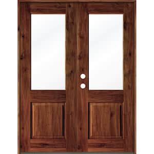 72 in. x 96 in. Rustic Knotty Alder Wood Clear Half-Lite Red Chestnut Stain Right Active Double Prehung Front Door