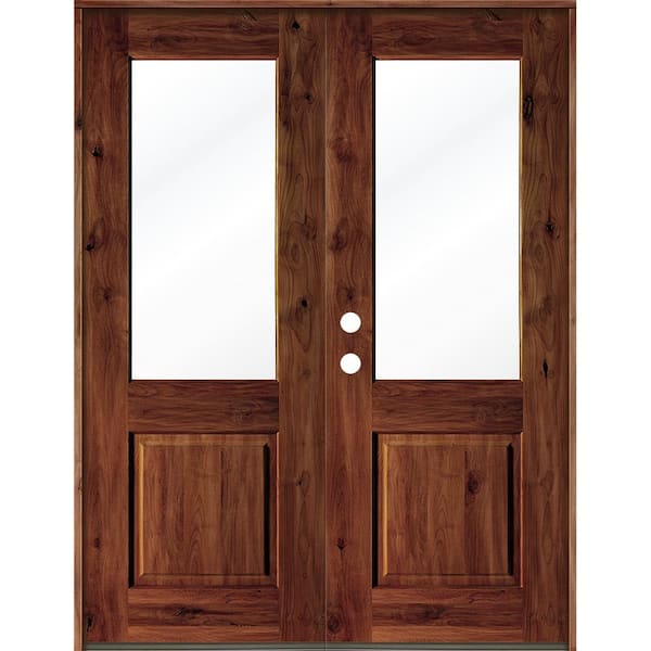 Krosswood Doors 72 in. x 96 in. Rustic Knotty Alder Wood Clear Half-Lite Red Chestnut Stain Right Active Double Prehung Front Door