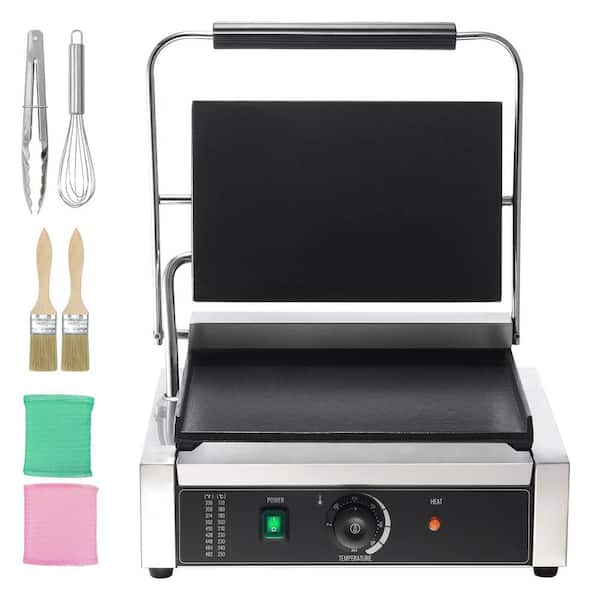 SKYSHALO Commercial Panini Grill 1800 W Small Electric Product Type Sandwich Maker with Temp Control Flat Enamel Plate, Silver