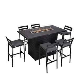 7-Piece Aluminum Patio Dining Bar Set with Fire Pit Table and 4-Barstool with Removable Cushion in Charocal