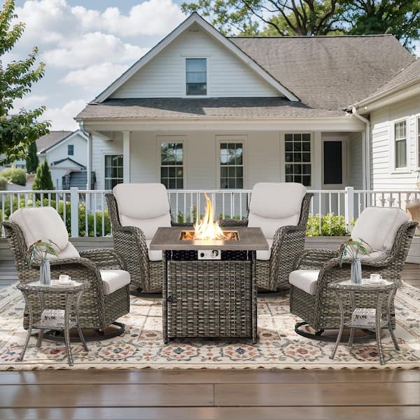 Opohoro 7-Piece Gray Wicker Outdoor Square Fire Pit Conversation Set with Beige Cushions and Swivel Rocker Patio Chairs