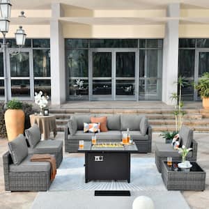 Sanibel Gray 8-Piece Wicker Patio Conversation Sofa Sectional Set with a Metal Fire Pit and Dark Gray Cushions