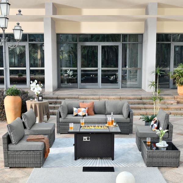 Toject Sanibel Gray 8-Piece Wicker Patio Conversation Sofa Sectional Set with a Metal Fire Pit and Dark Gray Cushions