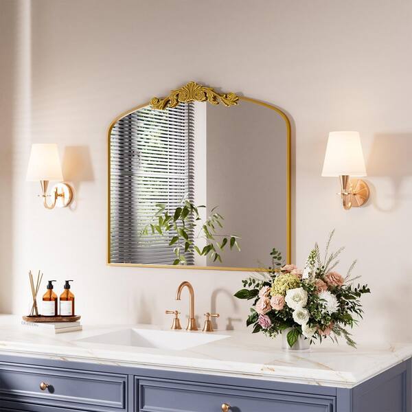 Swafrrt 36 in W x 30 in. H Arched Antique Gold Framed with Carved