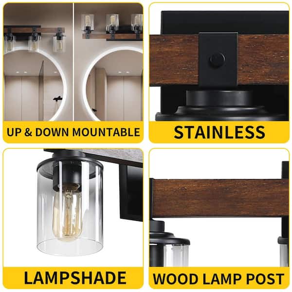 27 in. 4-Lights Walnut Vanity Lights,Wall Sconces with Glass Shades and Wood Accent,Bathroom Fixture, Bulbs Not Included