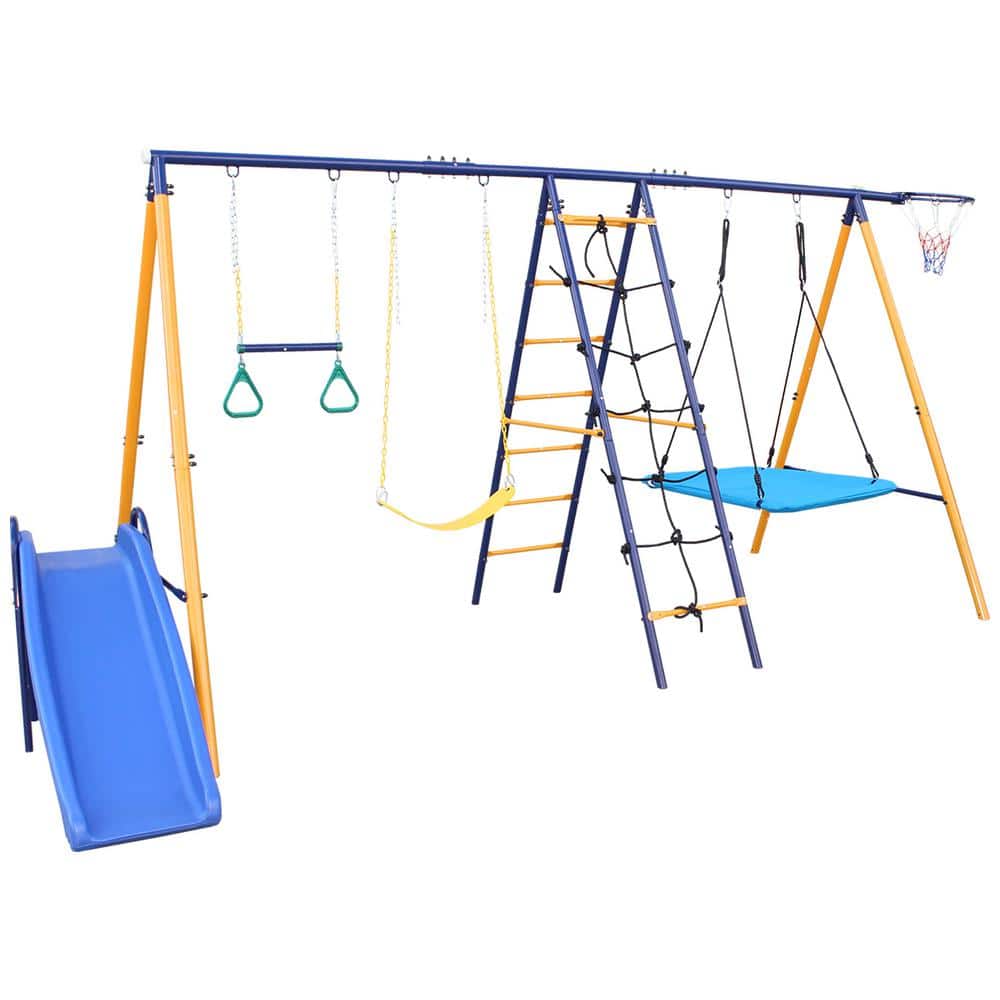 Multi-color 7-in-1 Outdoor A-Frame Heavy-Duty Metal Swing Set with Slide, 2