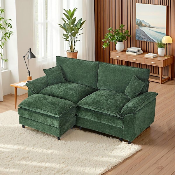 WONDER COMFORT Comfy 82.68 in. Pillowed Armrest Chenille 2 Seat Loveseat with Ottoman and Pillows Sectional Sofa in Green