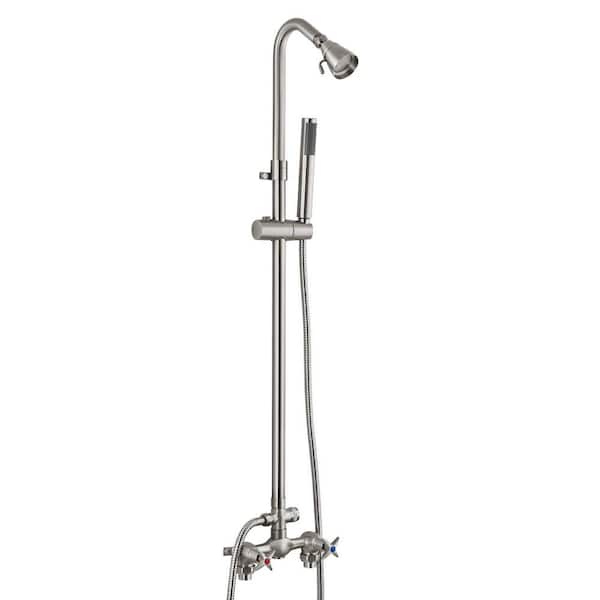 Unbranded Brushed Nickel Wall Mounted Exposed Shower Fixtures, Outdoor Shower Kit with Hand Held Sprayer Double Cross Handles