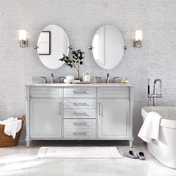 Home Decorators Collection Aberdeen 60 in. Double Sink Freestanding Dove Gray Bath Vanity with Carrara Marble Top (Assembled)