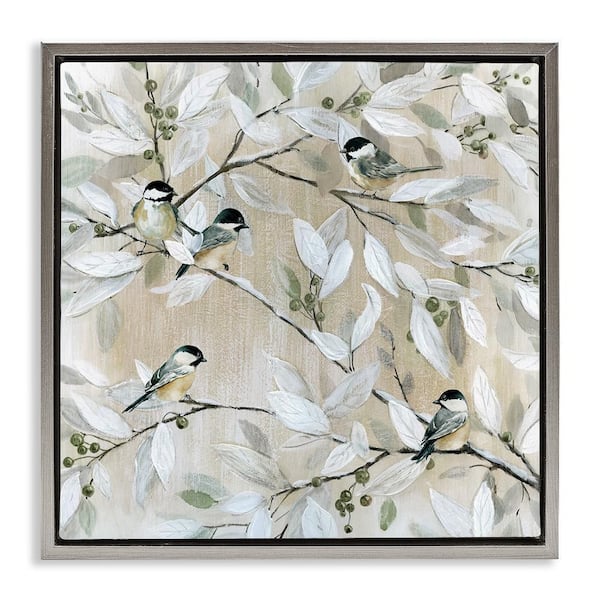 Stupell Industries Chickadee Birds on Branches by Carol Robinson 1-Piece Gray Floater Frame Nature Graphic Art print 18 in. x 18 in.