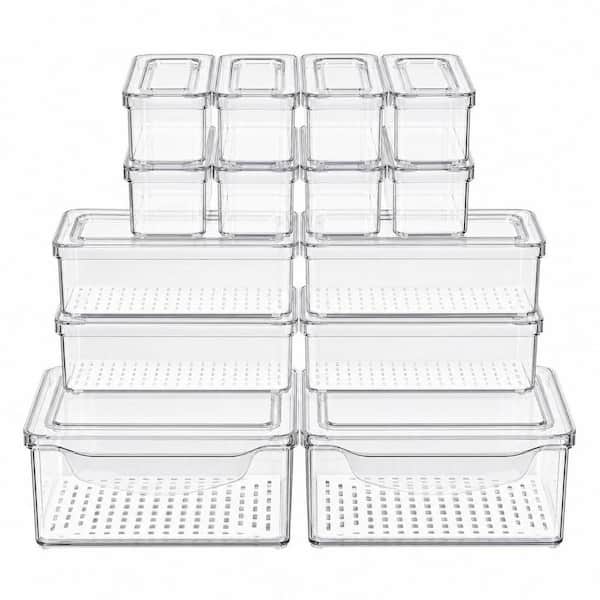 14 Piece Clear Fridge Organizer with Drain Tray Keep Produce Fresh BPA-Free Refrigerator Food Storage Container Set
