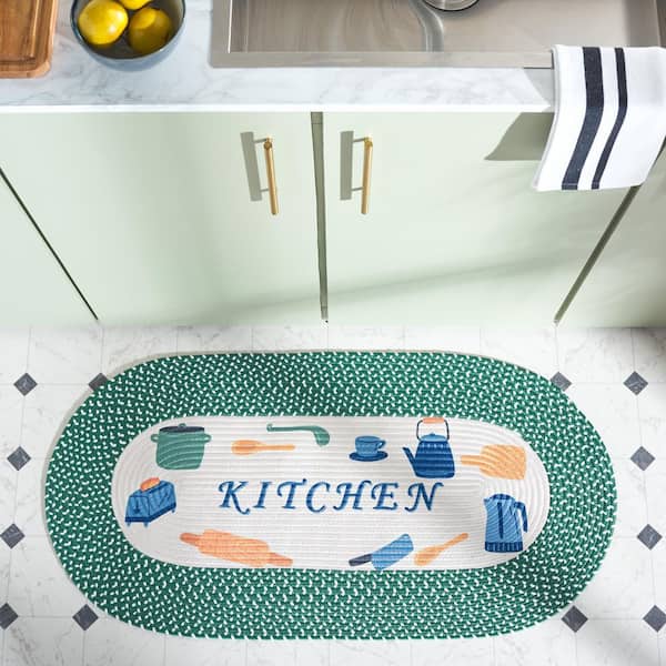 Braided Posters Ivory/Green 2 ft. x 4 ft.Machine Washable Kitchen Wares Oval Runner Rug