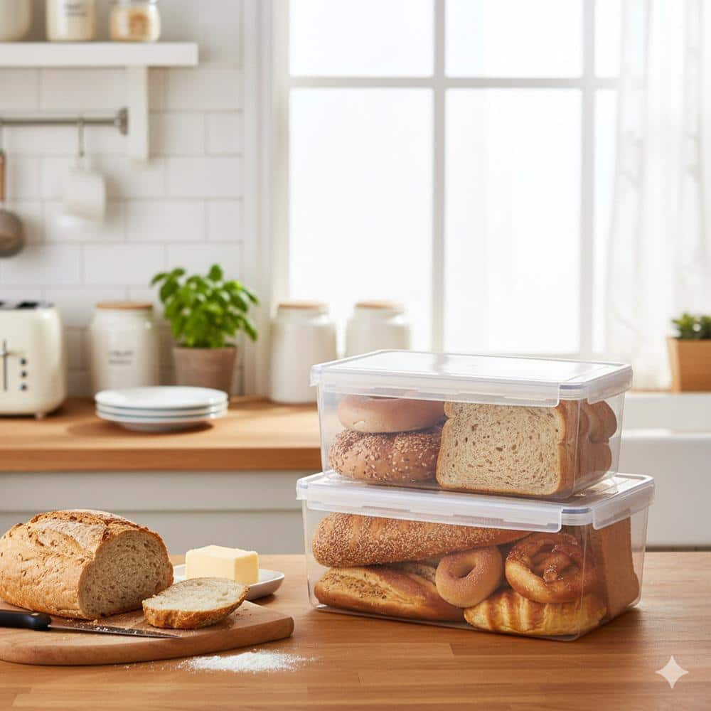 2 Piece Airtight Plastic Bread Storage Container Food Grade Kitchen Bread Keeper Large Loaf Box Set