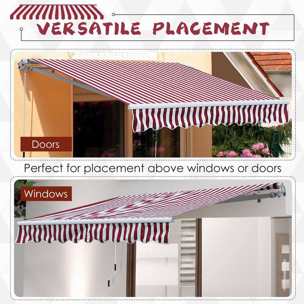 Wine Red Striped 10' x 8' Retractable Patio Awning with Aluminum Frame